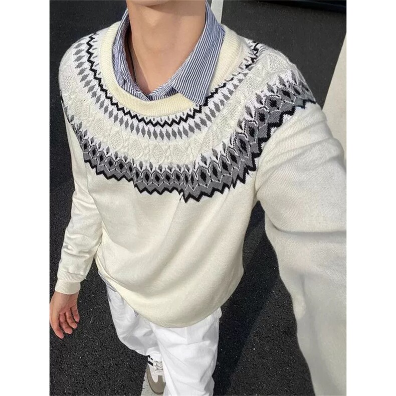 网图有货费尔岛提花针织圆领宽松民族风情侣毛衣男女A988-P52,男装针织衫/毛衣,星座1505