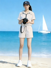 韩版时尚套装女夏季新款洋气减龄连帽半开拉链短袖上衣短裤两件套，女装套装/套裙，江南