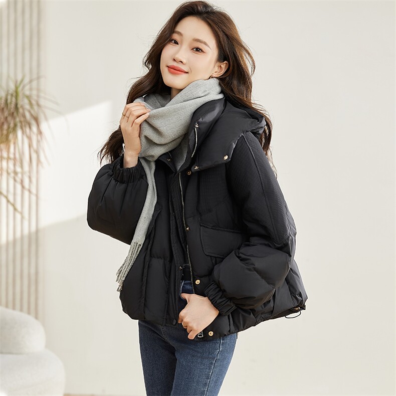 红色短款加厚面包羽绒服女2025冬新款休闲时尚连帽保暖白鸭绒外套,女装羽绒服,丽影随形