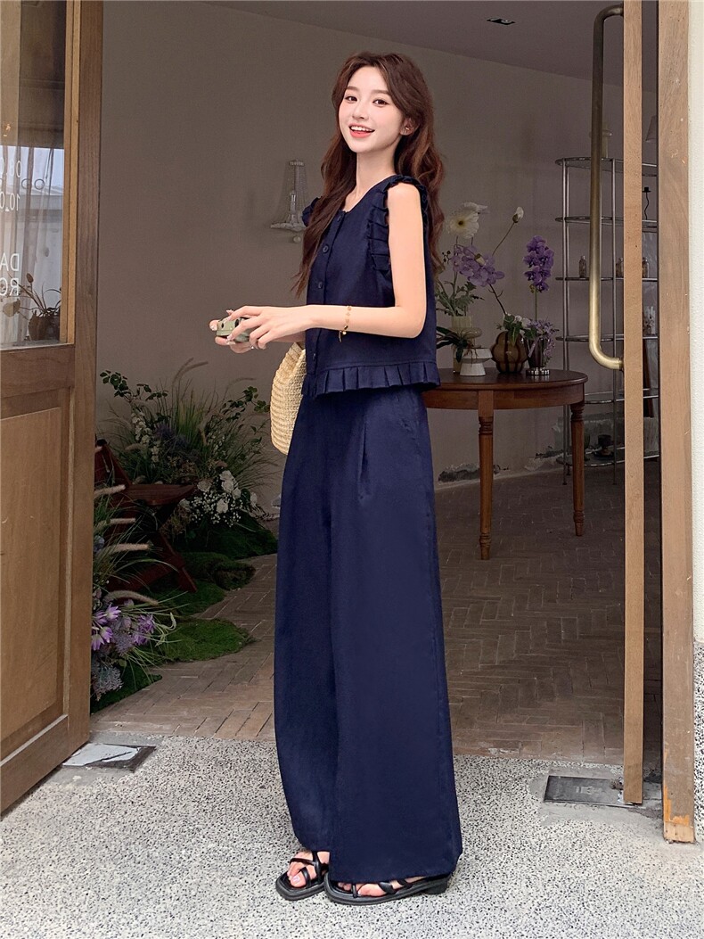 韩系木耳边无袖马甲套装女2025夏季新款气质显瘦百搭阔腿裤两件套,女装套装/套裙,浙宝208A