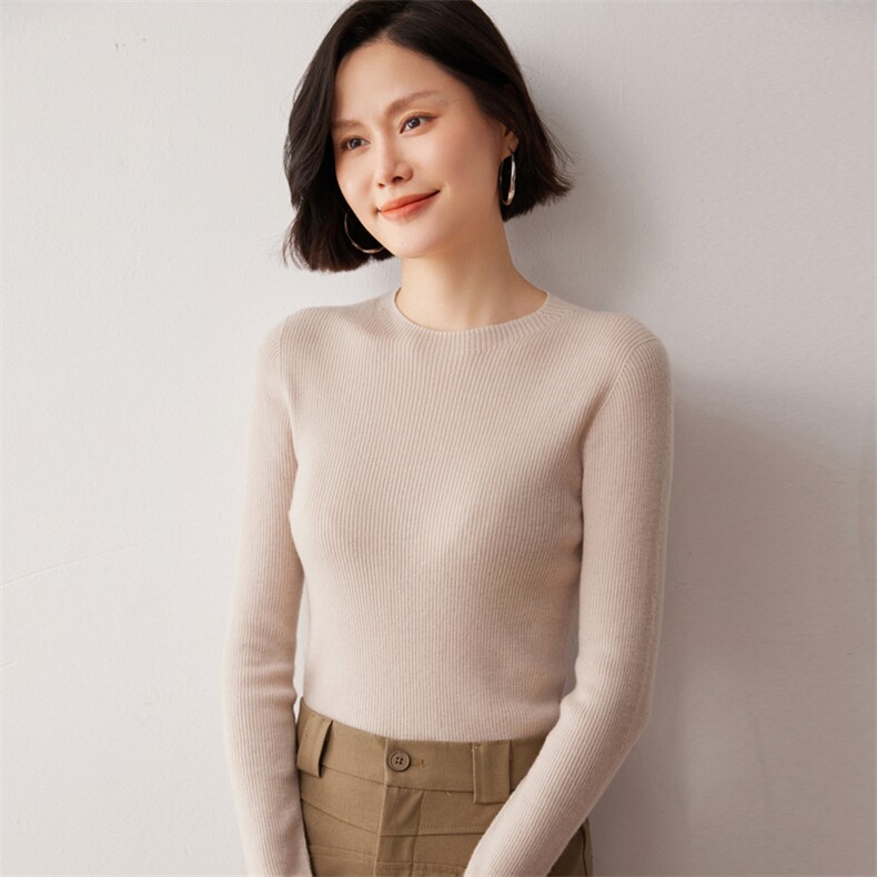 秋冬新款洋气时尚百搭显瘦女款精纺一线成衣圆领35%羊绒衫,女装羊绒衫,艾巧羊绒