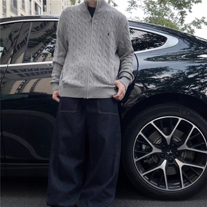 杏色小马刺绣开衫毛衣男秋冬季麻花纹针织开衫外套高级感立领线衫图片