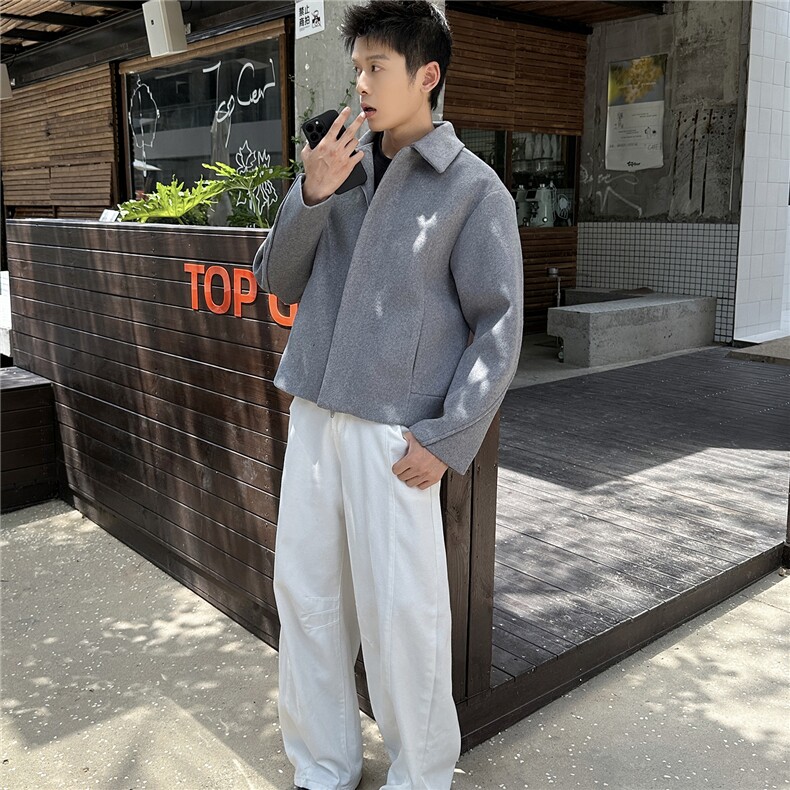 双拉链毛呢夹克外套秋冬短款呢子大衣宽松妮子风A236-JK607-P145,男装毛呢大衣,电商A236
