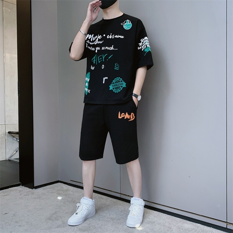 夏季新款短袖T恤套装两件套青少年宽松韩版潮流男装F310P58,男装休闲套装,电商A086