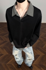 2026春季美式320g华棉格子拼接polo领假两件卫衣男W6063特P38控78，男装卫衣，电商A001