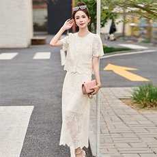 小香风米白色蕾丝套装连衣裙女2026夏季新款气质短袖半身裙两件套，女装套装/套裙，沁沁公主