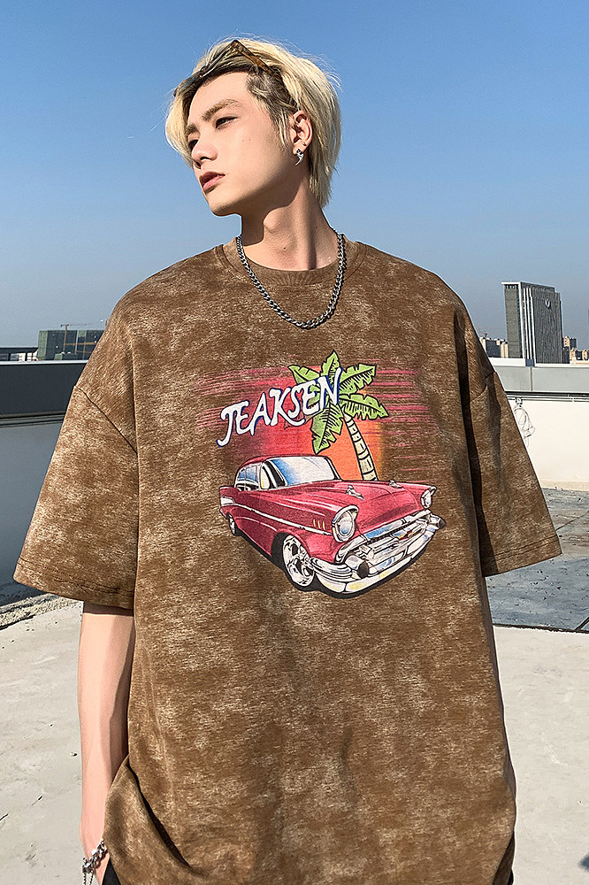 美式复古汽车印花男生短袖水洗做旧宽松T恤JK23273-p45-控58,男装T恤,星座605(原A050)