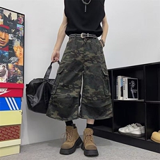 美式辣妹大口袋工装迷彩裤女夏季新款独特超好看宽松直筒七分裤子，男装牛仔裤，星座601-1