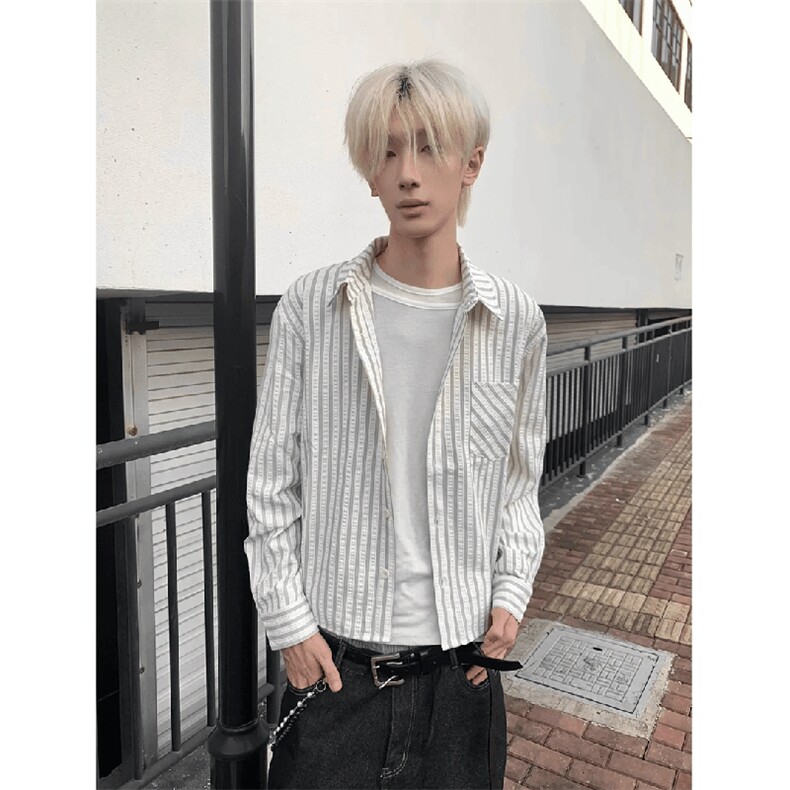 美式潮牌高街复古泡泡纱竖条纹日系肌理长袖衬衫男女休闲宽松衬衣，男装衬衫，电商A443