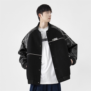 精品秋冬装飞行棒球服男女夹克毛呢拼皮刺绣轻熟JK1701-P115港风B图片