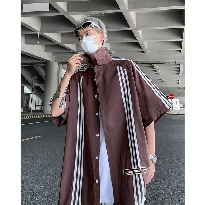 港风夏款男短袖衬衫字母印花三条杠条纹宽松短袖衬衣C3P40,男装衬衫,星座1013-1