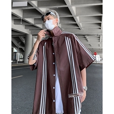 港风夏款男短袖衬衫字母印花三条杠条纹宽松短袖衬衣C3P40，男装衬衫，星座1013-1