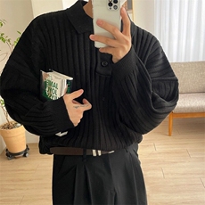 【有货】D2338-P55设计感POLO翻领毛衣潮男慵懒风条纹针织毛衣秋，男装针织衫/毛衣，星座603-2