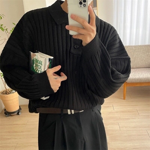 【有货】D2338-P55设计感POLO翻领毛衣潮男慵懒风条纹针织毛衣秋图片