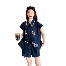 甜美黄色刺绣衬衫短裤套装女夏2025新款小个子两件套超火大方得体，女装套装/套裙，2C022