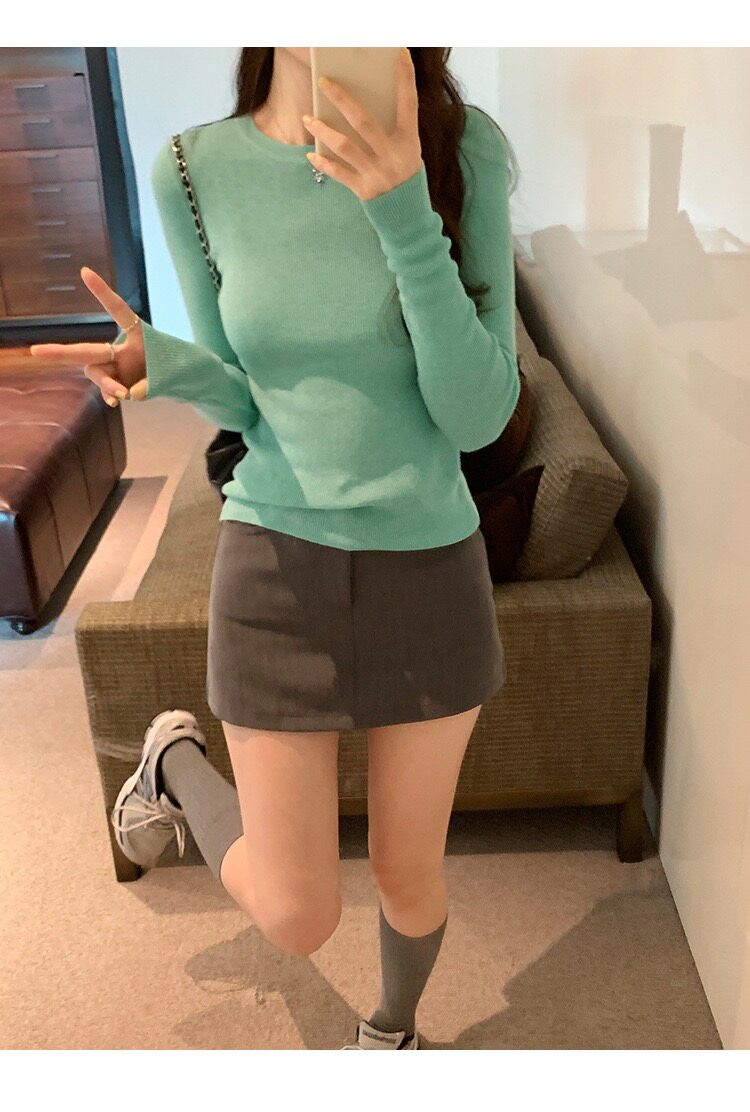 时尚百搭显瘦羊毛圆领打底衫高级感修身长袖针织衫,女装羊毛衫,圣旺供货