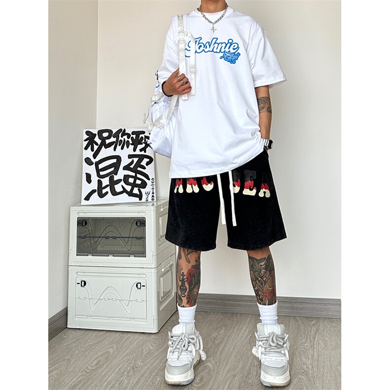 港风纯棉320G重磅水洗做旧印花短裤A014-DY2370-P50控68,男装牛仔裤,电商A014
