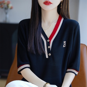 V领拼色韩版显瘦短袖女夏季薄天丝针织气质t恤减龄大码百搭半袖T图片
