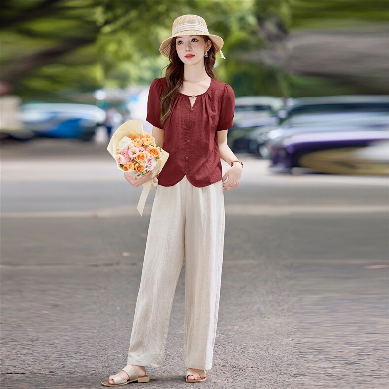 夏季时尚薄套装女2025新款宽松大码短袖衬衫上衣休闲阔腿裤两件套,女装套装/套裙,依万里