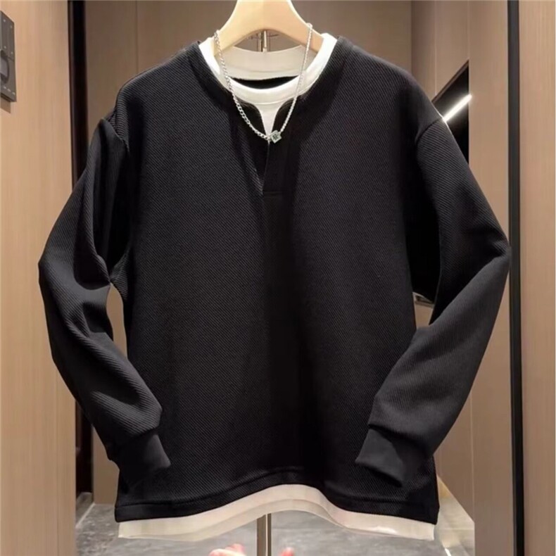 新款高克重假两件圆领卫衣男时尚百搭休闲宽松加绒上衣WY164P45,男装卫衣,星座1013-5