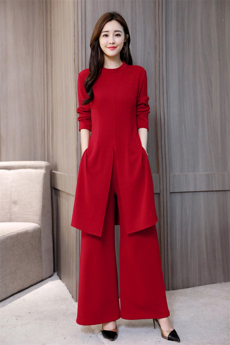 春秋套装女两件套2024新款长袖连衣裙开叉气质阔腿裤时尚显瘦潮,女装套装/套裙,江南富贵女