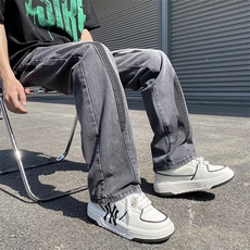 街头宽松黄泥牛仔裤男女做旧水洗撞色分割高街破洞直筒裤子潮，男装牛仔裤，星座716-4