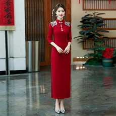新中式风加厚贴花弹力复合蕾丝提花长款旗袍2555P150，女装汉服/婚纱/旗袍/礼服，乐衣轩