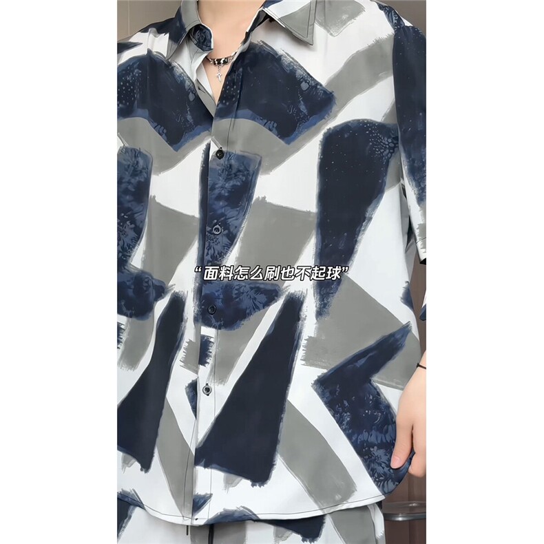 短袖衬衫男+短裤男潮流休闲套装男M-5XL大码TZ78704P50控98模特图图片
