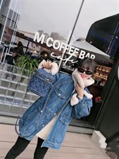 2021冬季新款韩版时尚休闲真獭兔毛领可拆卸羽绒内胆牛仔派克，其它，L·H·X