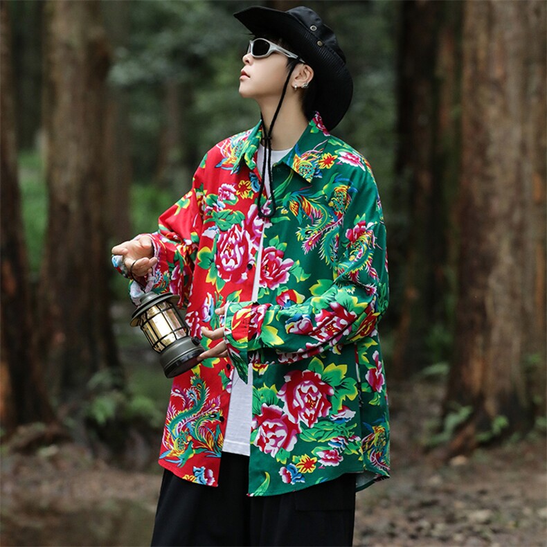 PC203男士休闲东北大花拼接长袖衬衫外套男女宽松寸衣汉服演出服,男装衬衫,星座115A(原星座507）