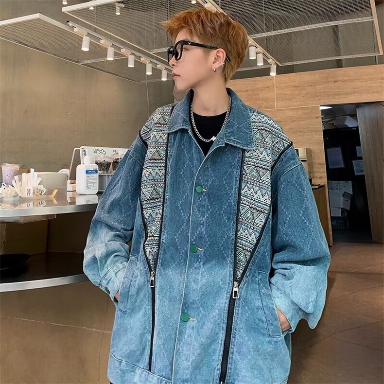 高街潮牌民族风拼接牛仔外套男潮高级感休闲宽松学生痞帅夹克，男装夹克，星座716-2
