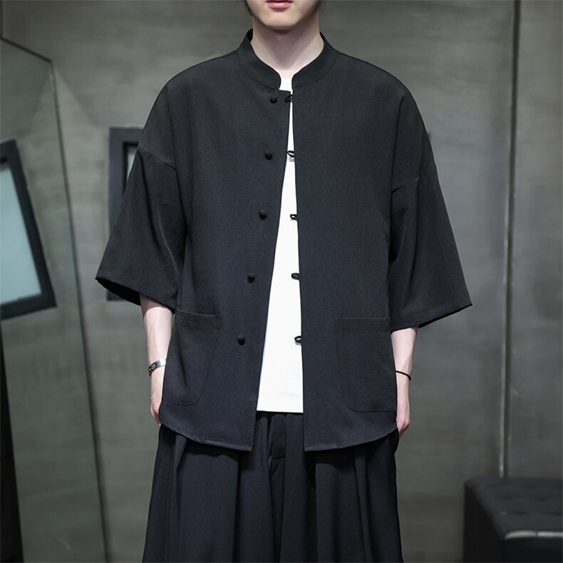 加大码新中式玲珑麻轻薄透气立领包扣七分袖休闲唐装上衣30508，男装民族服装，星座305A（原312A-1）