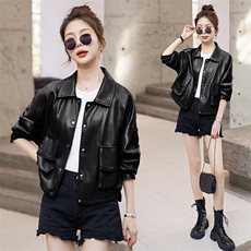 春装新品简约翻领设计传出女人韵味，女装皮衣，臻衣坊