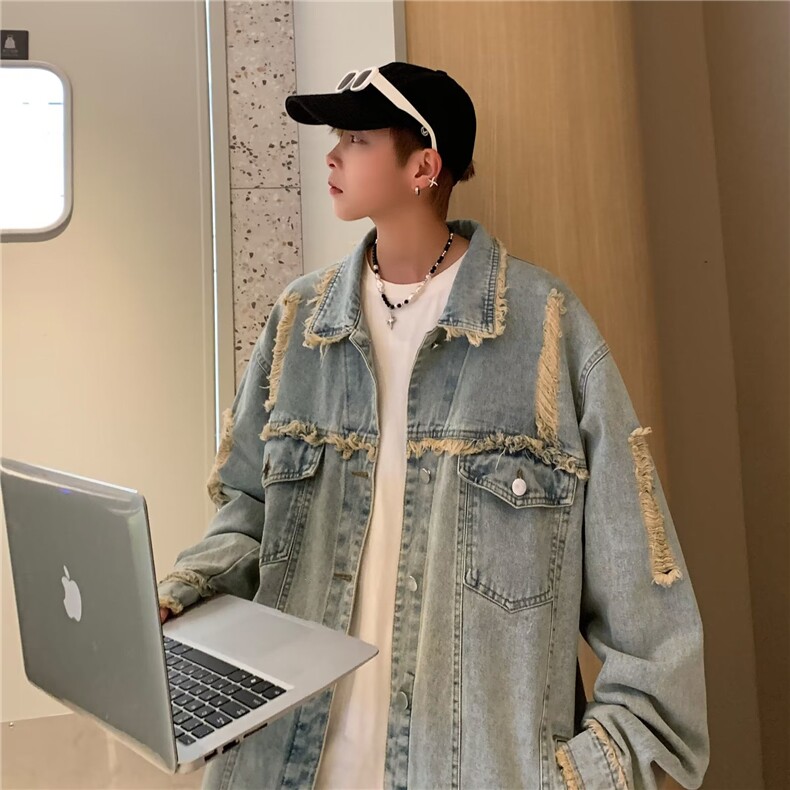 美式复古潮牌贴布刺绣机车风做旧外套男高街潮流BF风工装牛仔夹克，男装工装外套，星座1210-1