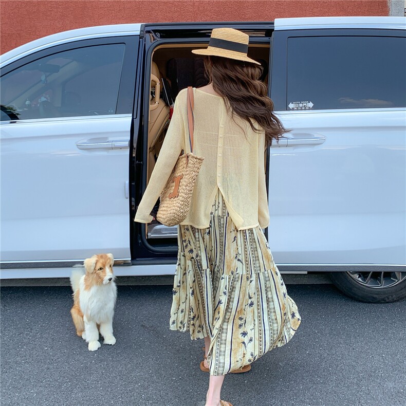 度假风针织罩衫印花半身裙套装女春季氛围感穿搭一整套，女装套装/套裙，维壹