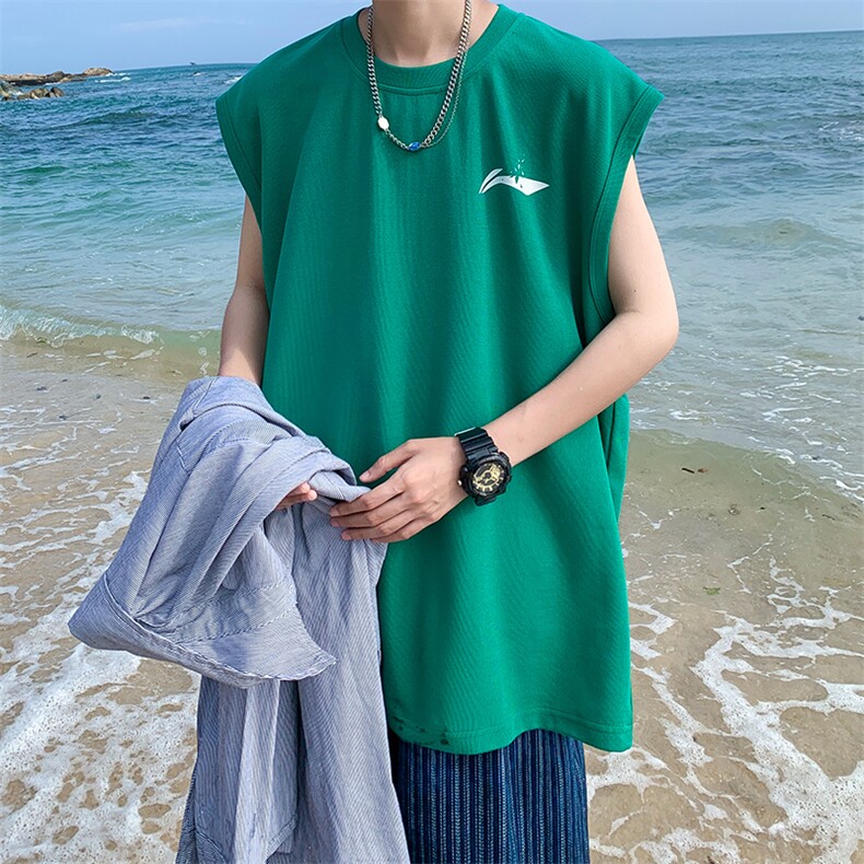 美式重磅无袖T恤男夏季潮牌三本针老头背心oversize篮球短袖汗衫，男装背心/马甲，电商019-1