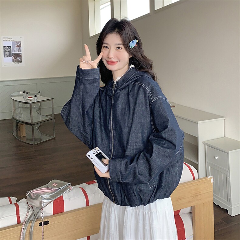韩系chic蕾丝连帽牛仔短外套女春秋2025超火好看高级小众夹克上衣,女装短外套,2C301