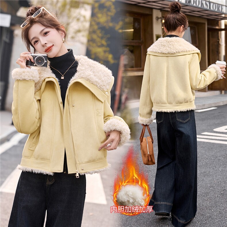 2025冬季新款复古短款皮毛一体,女装羊羔毛/颗粒绒,伊航服饰