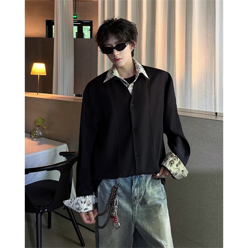 潮流休闲花卉印花领翻领假两件休闲长袖衬衫上衣男潮P55,男装衬衫,电商B319