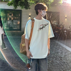 抖音得物品质二开240克宽松纯棉美式潮牌印花三条杠中性风短袖T恤，男装T恤，电商A486