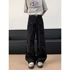 YC0222-P63美式复古褶皱大口袋工装牛仔裤春秋新款街舞嘻哈阔腿裤，男装牛仔裤，电商C233