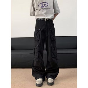 YC0222-P63美式复古褶皱大口袋工装牛仔裤春秋新款街舞嘻哈阔腿裤图片