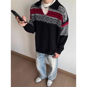 美式复古仿貂毛V领条纹毛衣男女秋冬季慵懒风提花Polo领针织衫图片