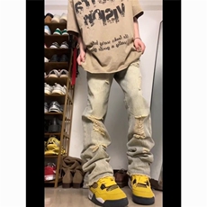 水洗黄泥染窄版毛边破洞牛仔裤男款百搭直筒显瘦显高堆积感长裤潮，男装牛仔裤，星座506A