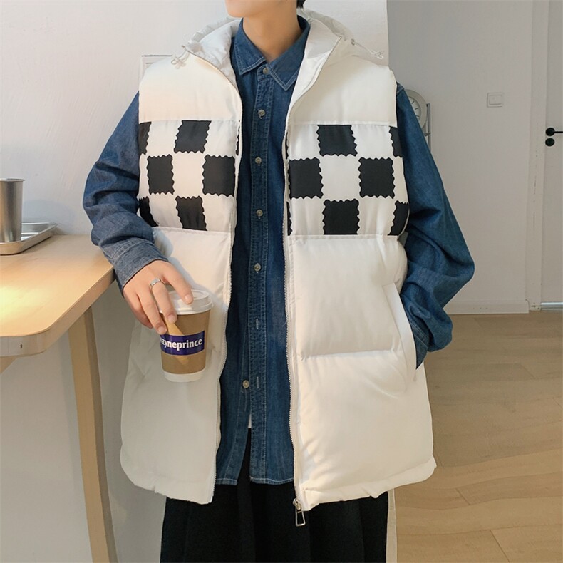 2026秋冬连帽格子拼接羽绒棉马甲背心手塞棉MJ17555/P75白色,男装背心/马甲,电商A094
