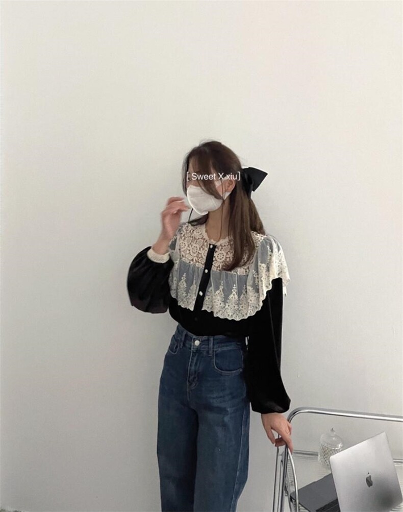 领口够花拼接金丝绒上衣，其它，新袖