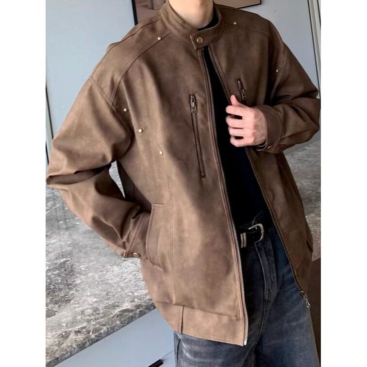 美拉德皮衣外套男机车风秋装上衣潮牌痞帅美式复古棕色高端皮夹克,男装夹克,星座1210-1