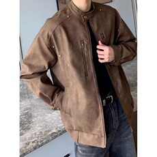美拉德皮衣外套男机车风秋装上衣潮牌痞帅美式复古棕色高端皮夹克，男装夹克，星座1210-1