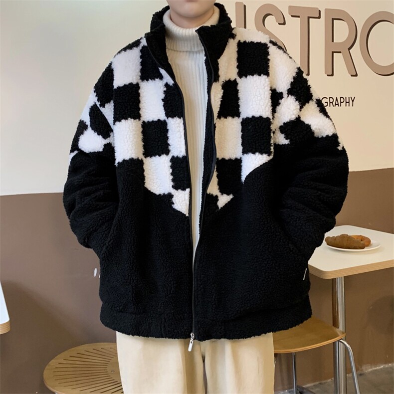 棋盘格羊羔绒服秋冬季袄韩版百搭宽松保暖衣外套W6155-P50,男装棉衣,星座512-3