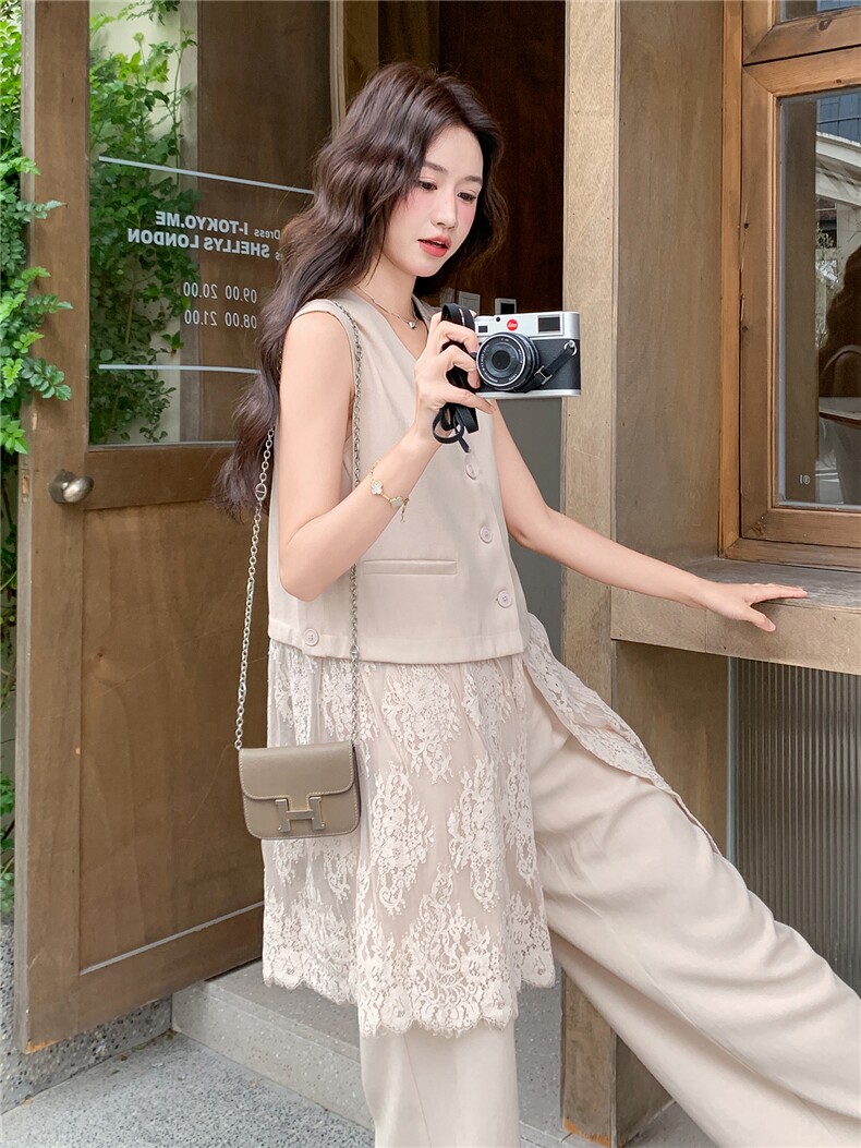 轻熟风气质套装女2026夏季拼蕾丝西装马甲显瘦阔腿裤两件套,女装套装/套裙,流量+